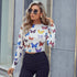 Butterfly Printed Long Sleeve Navel Revealing Slim Fit Top