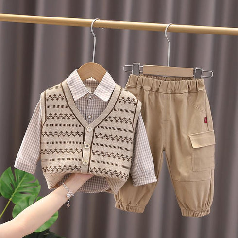 Boys spring and autumn sweater vest shirt three-piece set