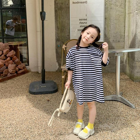 Girl's Spring And Summer T-shirt Striped Long Jacket Dress