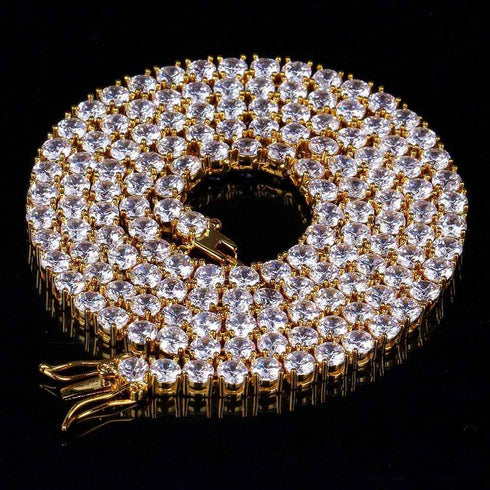 Real Gold Plated Zircon Single Row 4mm Necklace Hip Hop Jewelry