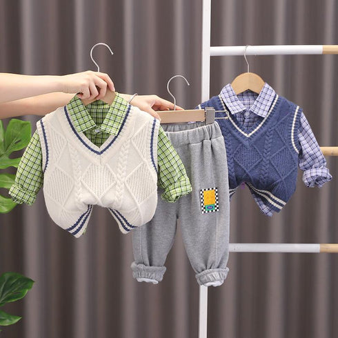 Boys lapel shirt long sleeve set boys baby solid color sweater waistcoat set of three