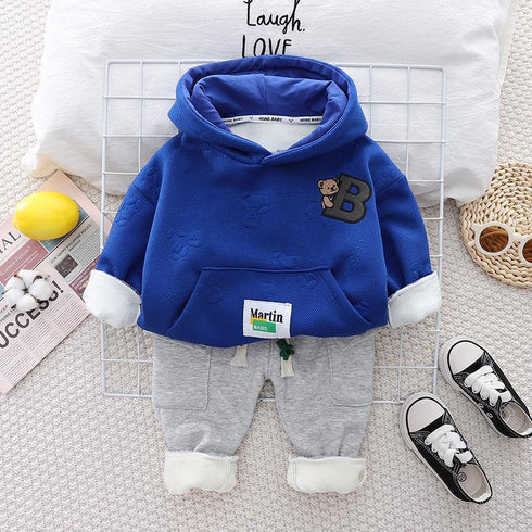 Autumn and winter boys plus velvet hooded sweater suit two-piece set
