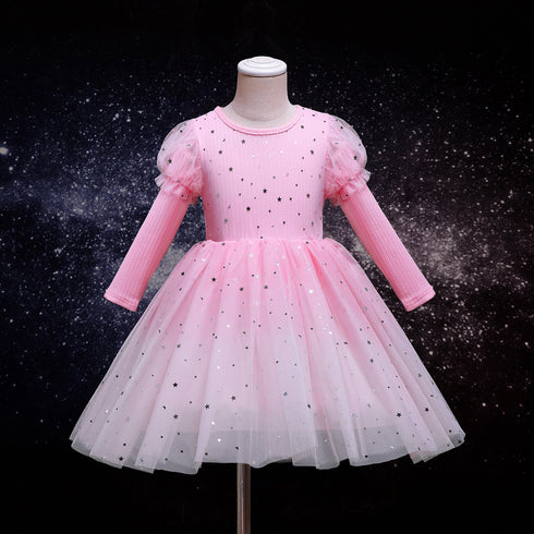 Girls Long Sleeve Dress Autumn New Gradient Starry Mesh Sequins Children's Dress Princess Dress