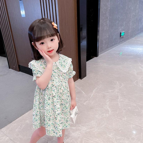 Girls Dress Summer 2022 New Girls Lace Lapel Small Floral Dress