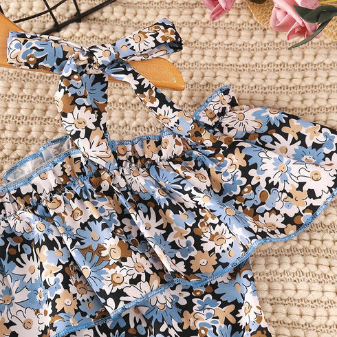 Girls' Summer Floral One Shoulder Bandage Bow One-piece Shorts