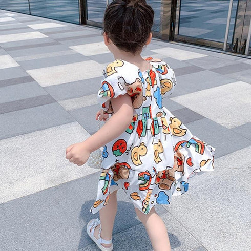 Girls' Summer Cartoon Graffiti Bubble Sleeve Princess Skirt