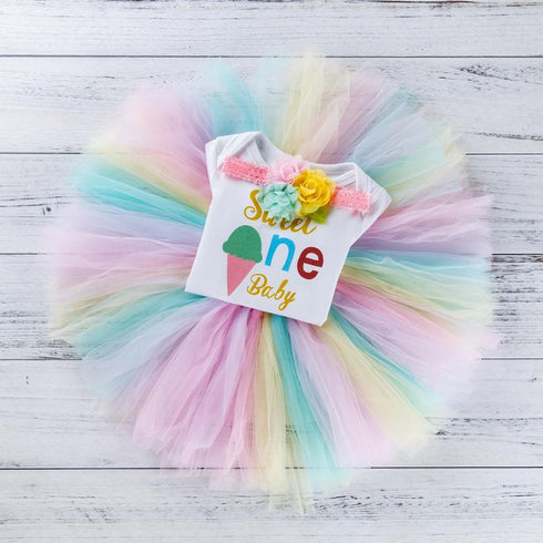 Printed Short Sleeve Khaki Net Rainbow Handmade Skirt Set