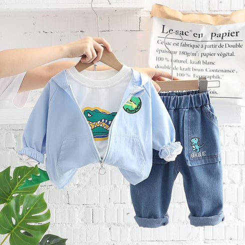 Spring and autumn boys casual hooded zipper shirt three-piece set