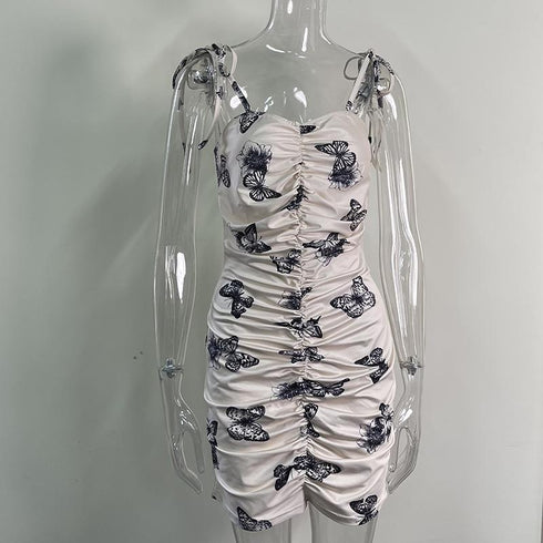 Summer Women's Butterfly Print Suspender Tight Dress