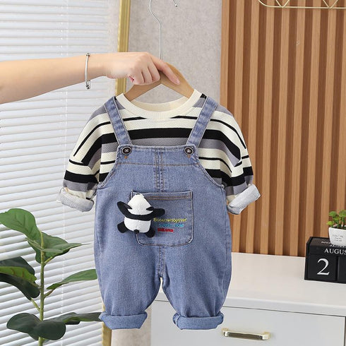 Boys' Casual Jeans Suspenders Two-piece Set Boys' Round Neck Sweater Long Sleeve Set