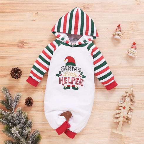 Baby Christmas Printed Striped Hooded Long Sleeve One-piece Coat