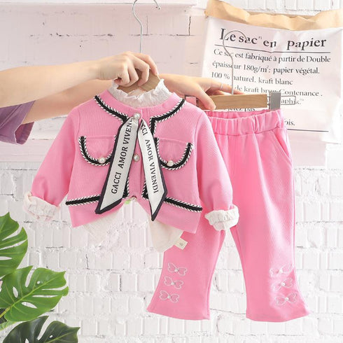 Silk Ribbon Small Fragrance Long Sleeve Set Baby Girl Casual Solid Color Pants Three Piece Set