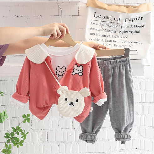 Lapel Rabbit Long Sleeve Three Piece Set Free Satchel