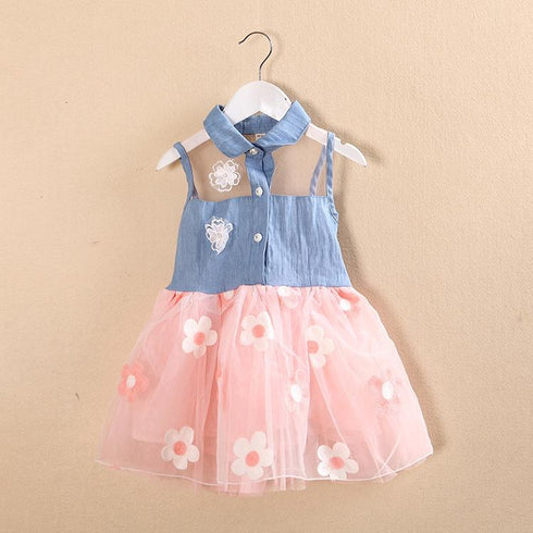 Summer New Girls Denim Gauze Stitching Dress Sleeveless Dress