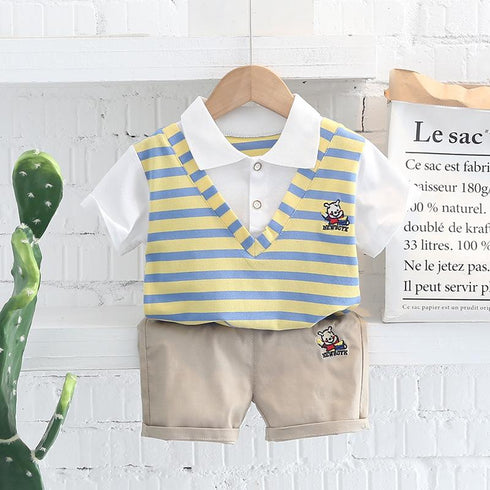 Lapel Stripe Fake Vest Short Sleeve Suit Casual Shorts Two Piece Set