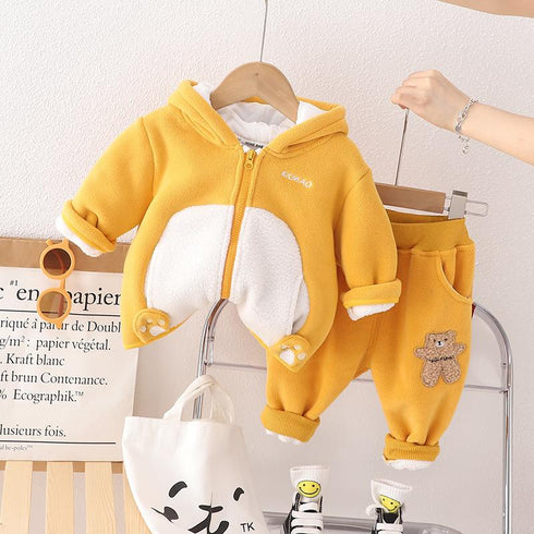 Autumn and winter children plus velvet hooded suit two-piece set