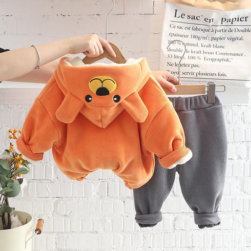 Autumn and winter boys plus velvet hooded suit two-piece set