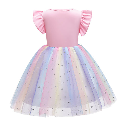 Girl's Rainbow Mesh Dress Knit Unicorn Princess Dress
