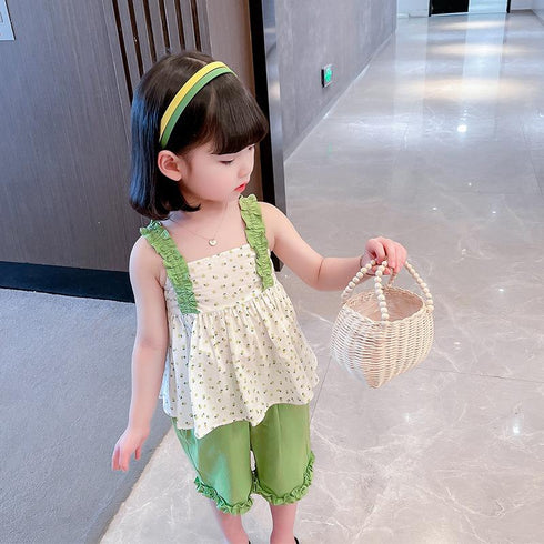 Summer Suit 2022 New Girls Foreign Style Floral Suspender Top Cropped Pants Two-piece Set