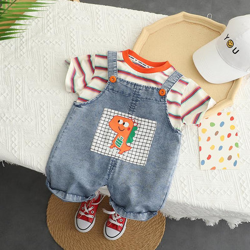 Cartoon Cowboy Suspenders Two-piece Baby Round Neck Striped Short Sleeve Suit