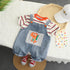 Cartoon Cowboy Suspenders Two-piece Baby Round Neck Striped Short Sleeve Suit