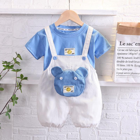 Casual Suspenders Two Piece Suit With Bag Round Neck Short Sleeve Suit