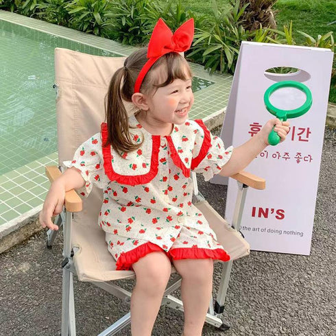 Little Floral Lapel Cardigan Pajamas For Girls Summer