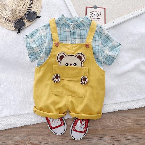 Handsome Shirt Short Sleeve Suit Casual Suspender Two Piece Set