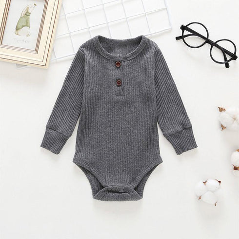 Ribbed Solid Front Button Long-sleeve Baby Romper