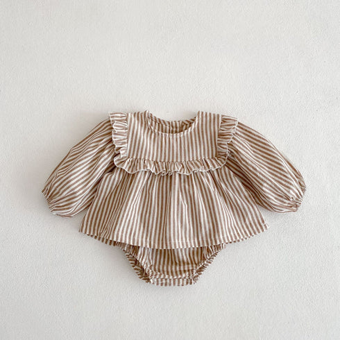Lotus collar striped long sleeve skirt breaded pants two-piece suit
