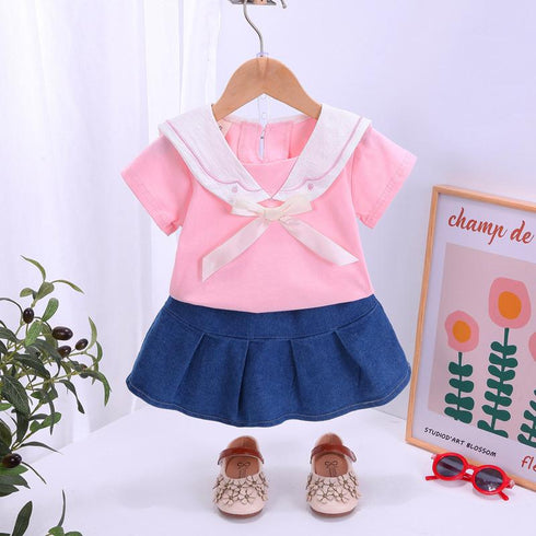 Lapel Short Sleeve Suit Casual Denim Skirt Two Piece Set