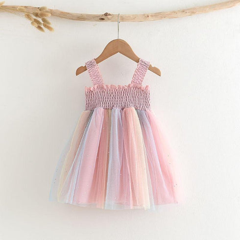 Summer Girl's Rainbow Mesh Princess Sling Dress