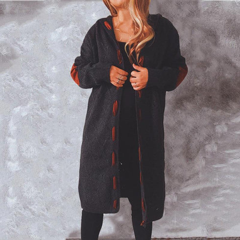 Autumn winter thickened velvet leather stitching knitted long hooded sweater