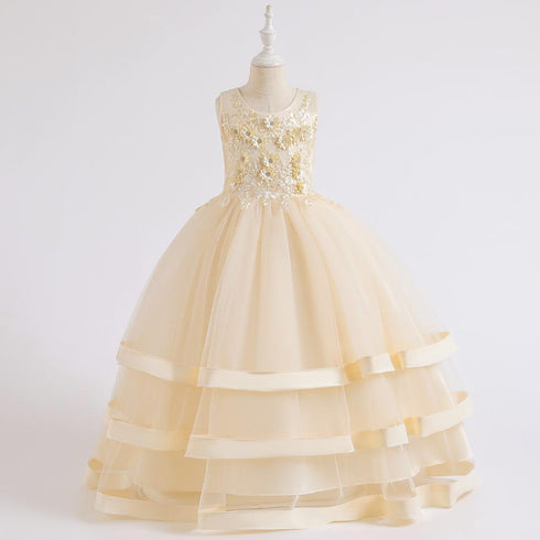 Flower Princess Dress Lace Beaded Multi-Layer Satin