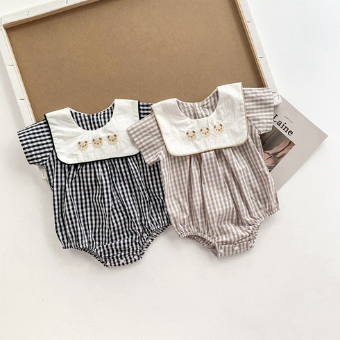 Plaid jumpsuit with square collar embroidered bear jacket climbing clothes