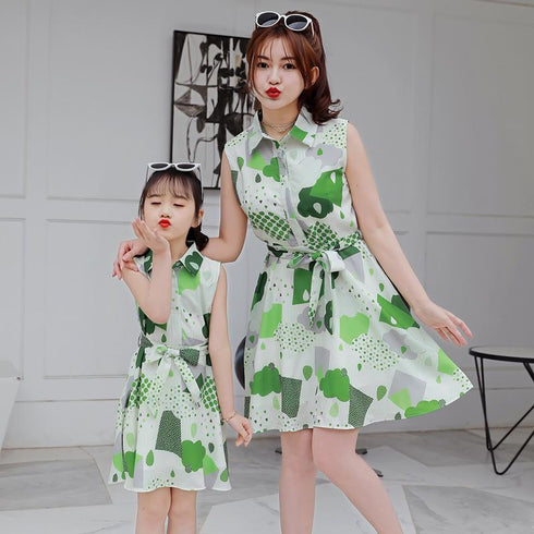 Mommy And Me Print Sleeveless Bow Belt Parent-child Dress