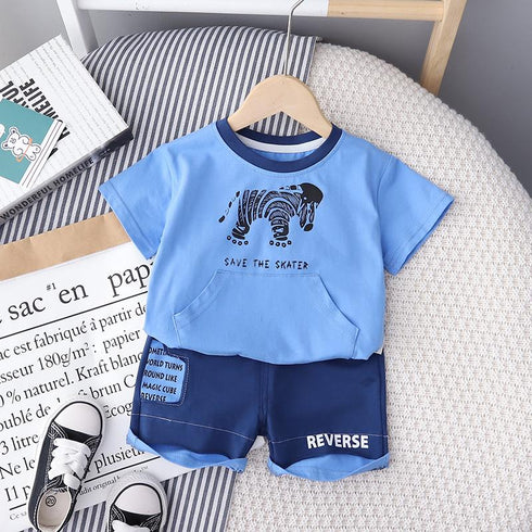 Boys' Large Pocket Round Neck Zebra Short Sleeve Suit Casual Shorts Two Piece Set