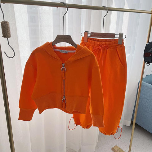 Girls Spring And Autumn Hooded Cardigan Sweater Suit