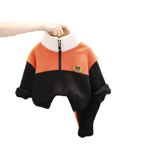 Autumn and winter boys plus velvet long sleeve suit two-piece set