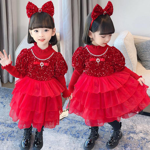 Festival series Christmas and Spring Festival sequin stitching dress unkempt skirt children's cake dress