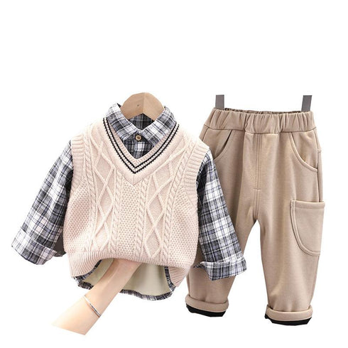 Autumn and winter boys plus velvet sweater waistcoat three-piece set