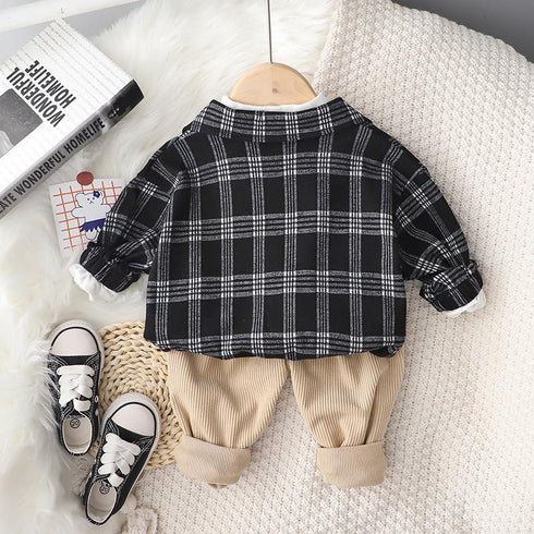 Boy's Plaid Cardigan Spring and Autumn Three-Piece Set