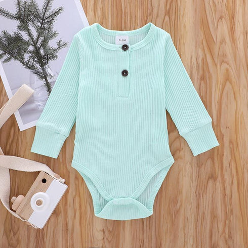 Ribbed Solid Front Button Long-sleeve Baby Romper