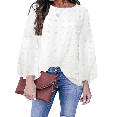 Solid Crewneck Loose Jacquard Wool Ball Long Sleeve Top
