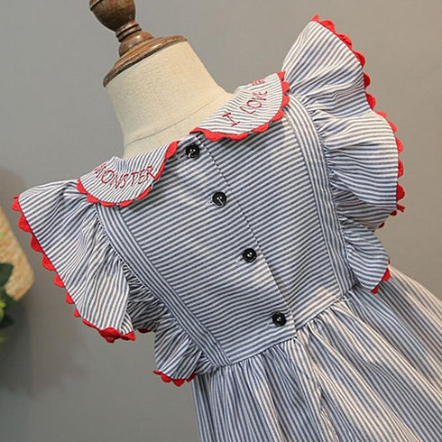 Summer Girl's Striped Dress Flying Sleeve Embroidered Doll Neck Skirt