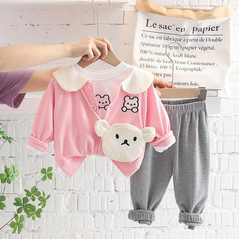 Lapel Rabbit Long Sleeve Three Piece Set Free Satchel