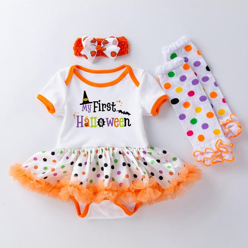 Halloween Baby Dress Printed Net Sand Dress, Exotic Cute Short Sleeved Dress And Socks Set