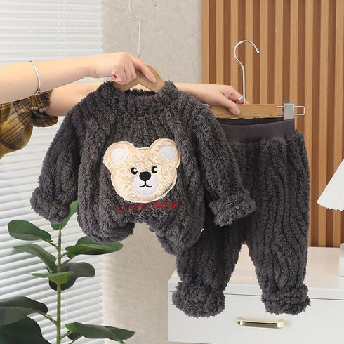 Autumn and winter boys plus velvet round neck long sleeve pajamas set two-piece set