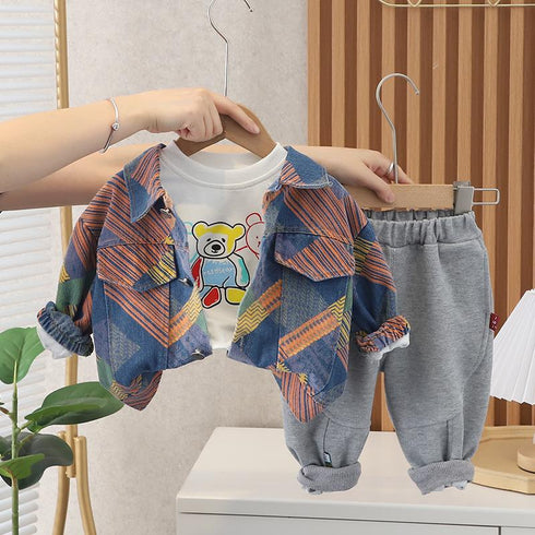 Boys suit solid color sports pants long sleeve casual T-shirt lapel denim jacket children's jacket