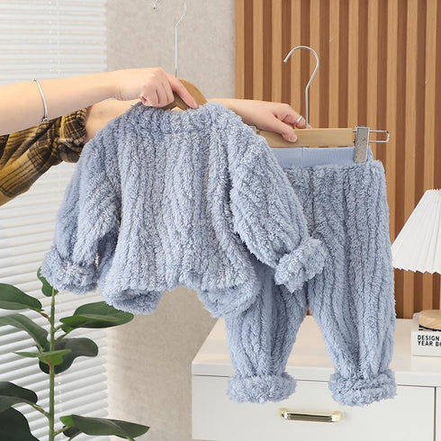 Autumn and winter boys plus velvet round neck long sleeve pajamas set two-piece set